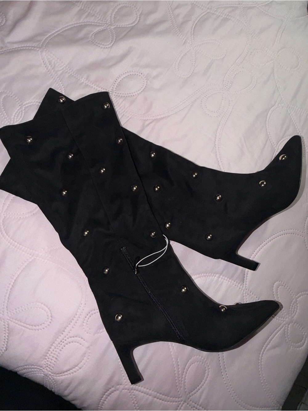Black Stud-Embellished Knee-High Heeled Boots